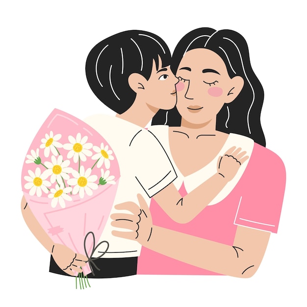Mother Hugging Her Young Son Receiving a Bouquet of White Daisies