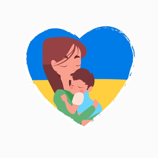 Mother hugging little son pray for ukraine peace save ukraine from russia stop war template