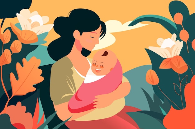 Мать обнимает своего ребенка на фоне векторной иллюстрации растений и цветов