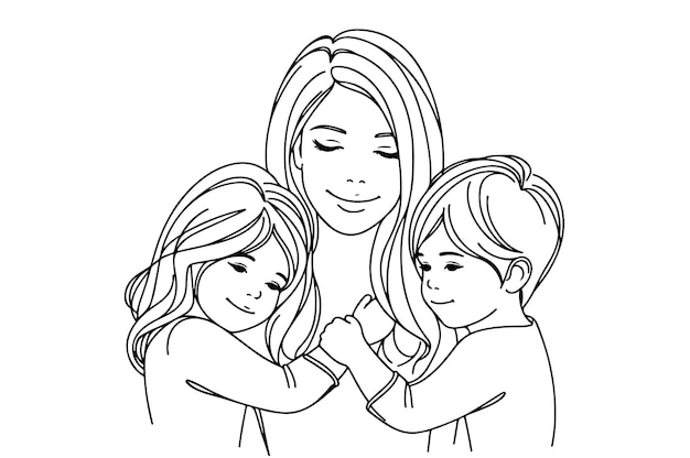 Vector mother hugs her children mothers day line art