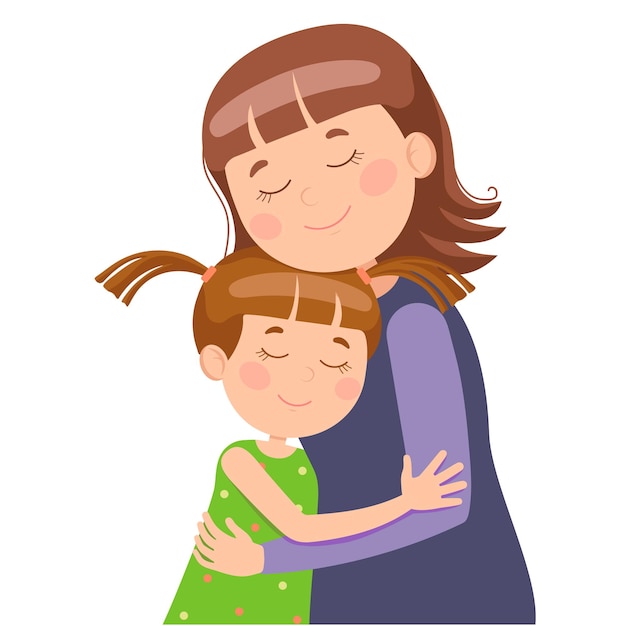 Vector mother hugs her little daughter vector illustration in flat style