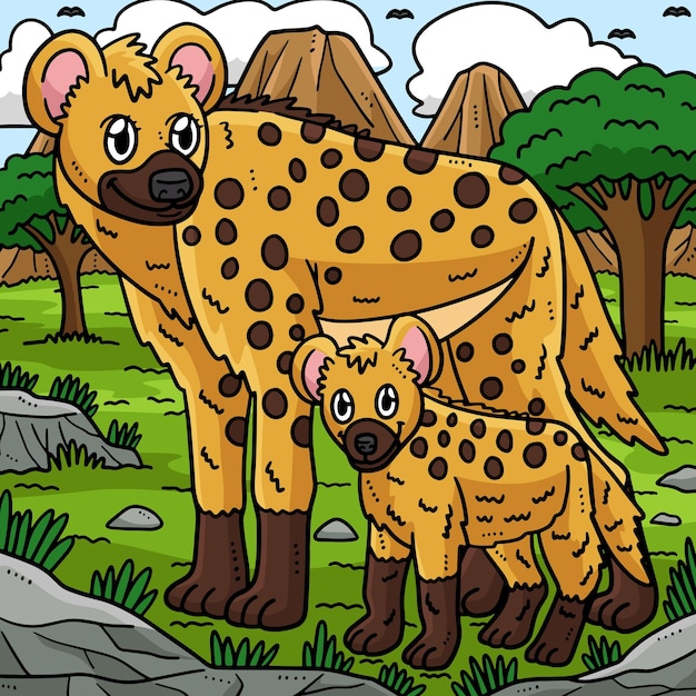 Mother Hyena and Baby Hyena Colored Cartoon