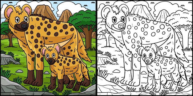 Mother Hyena and Baby Hyena Coloring Illustration