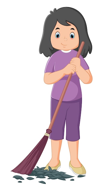 A mother is cleaning the yard and posing with a broom