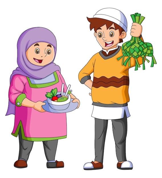 The mother is cooking a vegetables and the man is holding the diamond rice of illustration