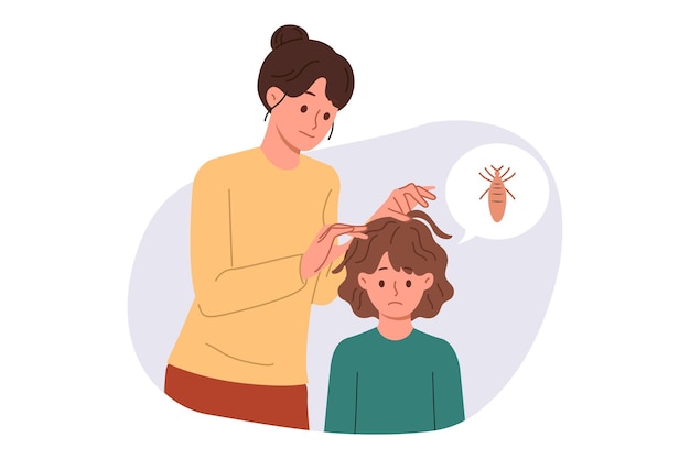 mother is looking for lice in hair of child is upset due to infection with pediculosis