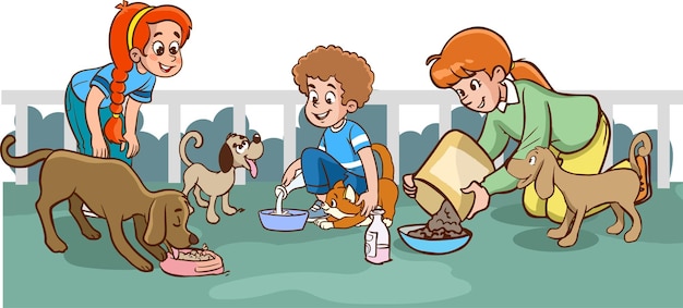 Vector mother and kids feeding stray animals cartoon vector