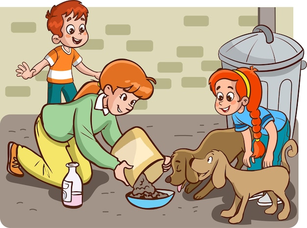 mother and kids feeding stray animals cartoon vector