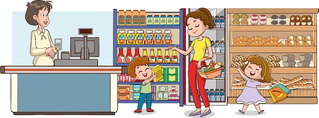 mother and kids navigating the aisles of a crowded supermarket and making grocery shopping