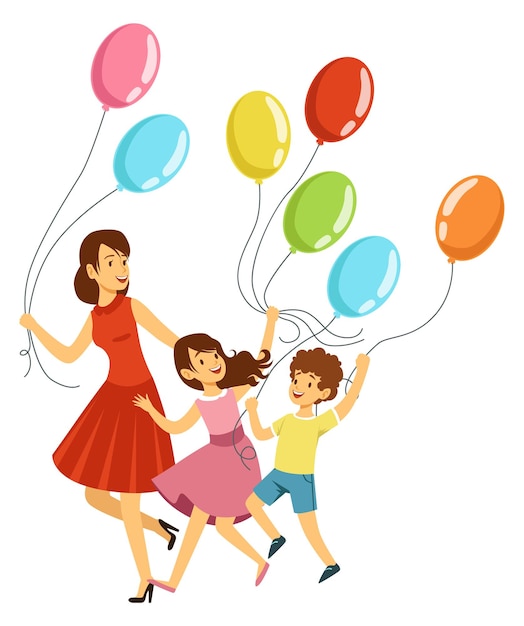 Mother and kids running with colorful balloons Happy people