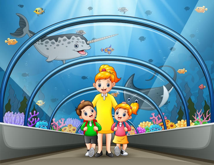 वेक्टर mother and kids walk thru underwater museum