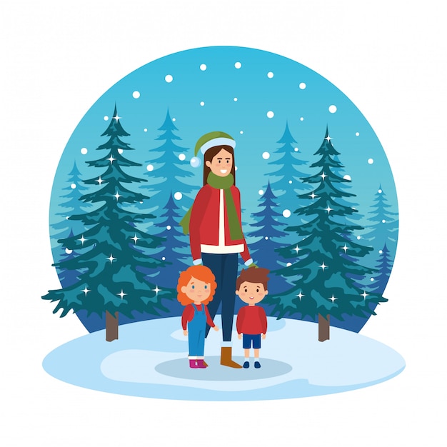 Mother and kids with christmas clothes in snowscape