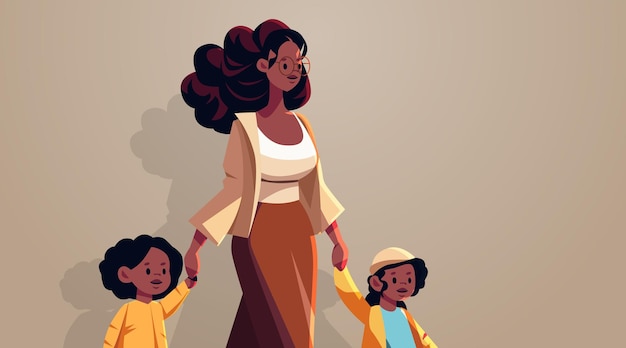 Madre e bambini piccoli che camminano insieme mamma afroamericana che porta figlio e figlia a scuola o all'asilo maternità concetto di famiglia felice ritratto orizzontale illustrazione vettoriale