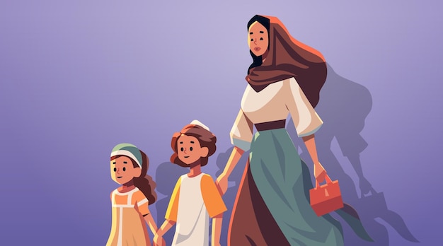 Madre e bambini piccoli che camminano insieme mamma araba che porta figlio e figlia a scuola o all'asilo maternità felice concetto di famiglia portait illustrazione vettoriale orizzontale