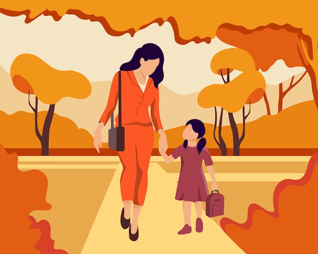 Mother and little daughter on the alley in the autumn park. Family concept. Illustration, vector