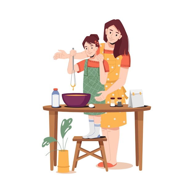 Vector mother and little daughter making dough together