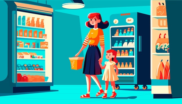 Mother and little daughter shopping at supermarket with products in cart family in store buying groceries modern market interior