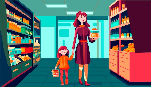 어머니와 어린 딸이 식료품을 사는 가게에서 카트 가족의 제품으로 슈퍼마켓에서 쇼핑합니다.