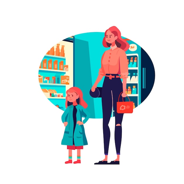 Mother and little daughter shopping at supermarket with products in cart family in store buying groceries