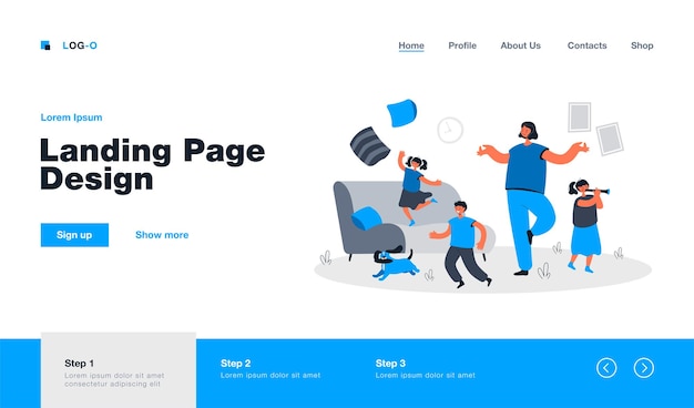 장난 꾸러기 아이들이 평평한 스타일의 가정 방문 페이지에서 혼란을 만드는 동안 명상하는 어머니
