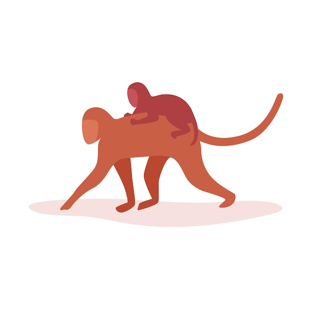 Mother monkey walking with baby monkey on back Cute monkeys flat cartoon vector illustration isolated on white background