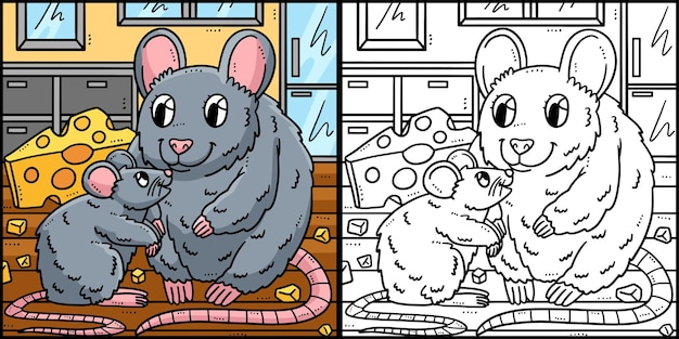 Mother mouse and baby mouse coloring illustration