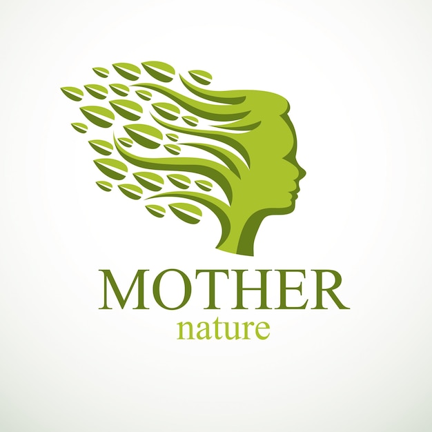 Mother nature concept, beautiful girl head profile with branches and leaves of natural plant. vector logo or icon design. blossoming and growth of everlasting nature, tree and forest planting.