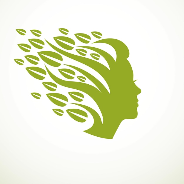 Mother nature concept, beautiful woman head profile with branches and leaves of natural plant. vector logo or icon design. blossoming and growth of everlasting nature, tree and forest planting.