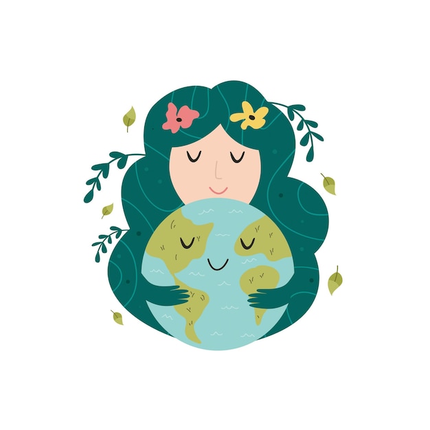 Mother nature hugging smiling Earth planet Love you planet concept Earth day Cute vector illustra