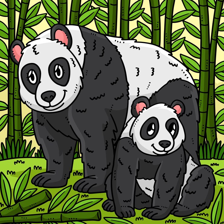 母親パンダと赤ちゃんパンダのカラー漫画