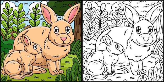 Mother Rabbit Baby Rabbit Coloring Illustration