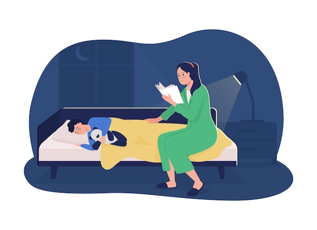 Vector mother read story 2d vector isolated illustration. mother reading book for sleeping kid. story telling for baby. happy family flat characters on cartoon background. bedtime routine colourful scene