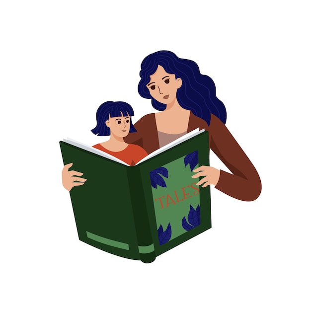 Mother reading book to her little daughter Cute vector illustration