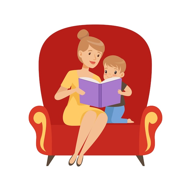 Мать читает книгу своему маленькому сыну, сидящему в кресле, векторная иллюстрация на белом
