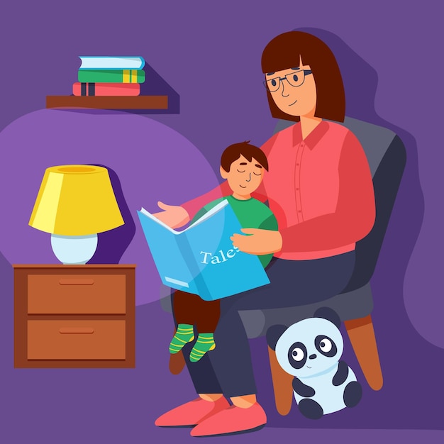 Mother reading book to her little sun. Cute vector illustration