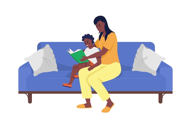 男性の幼児のセミフラットカラーベクトル文字に本を読んでいる母。白の全身の人々。グラフィックデザインとアニメーションのための孤立したモダンな漫画スタイルのイラストと一緒に時間を過ごす