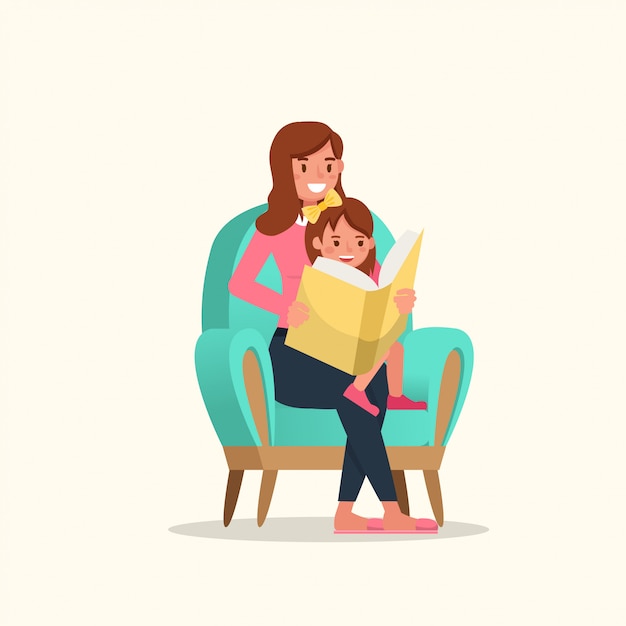 Mother reading book with daughter character vector design.