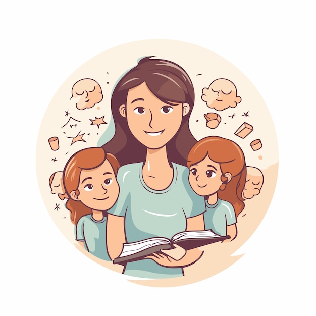 Vettore madre che legge un libro con i suoi figli illustrazione vettoriale in stile cartone animato