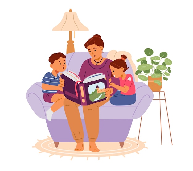 Mother reading fairy tale book to children