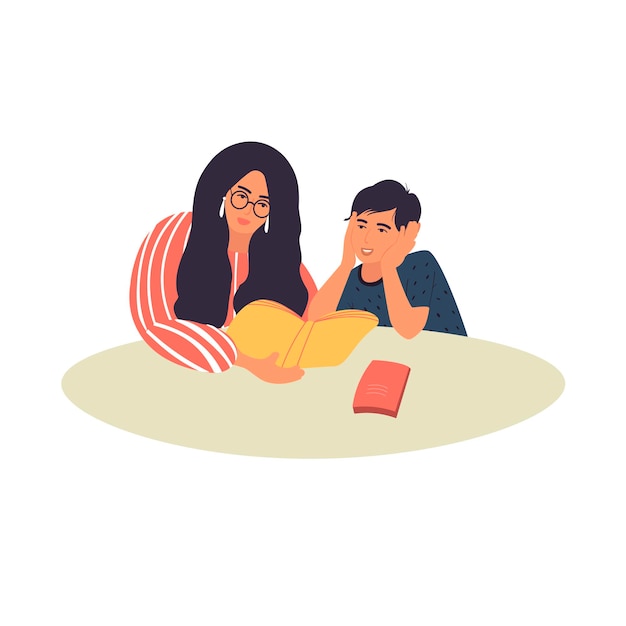 A mother reads a book to her son. mother and son are doing their homework.  vector illustration