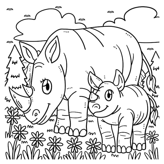 Mother Rhino and Baby Rhino Coloring Page for Kids