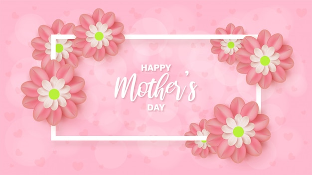 Mother's day background with illustrations of pink flowers with white rectangular lines.