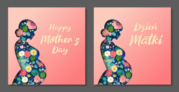 Mother's Day card Pregnant woman silhouette Watercolor flowers background Polish and english version