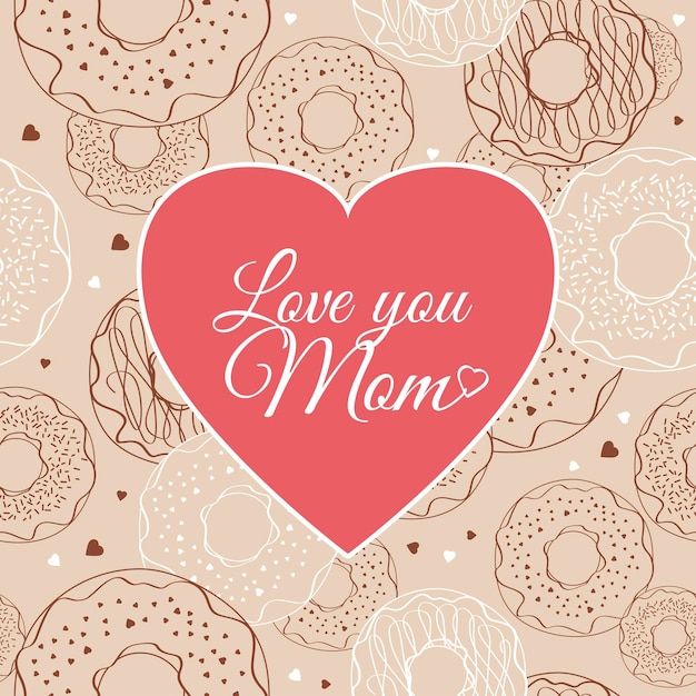 Открытка на день матери с большим розовым сердцем с пончиками и пирожными надпись 
