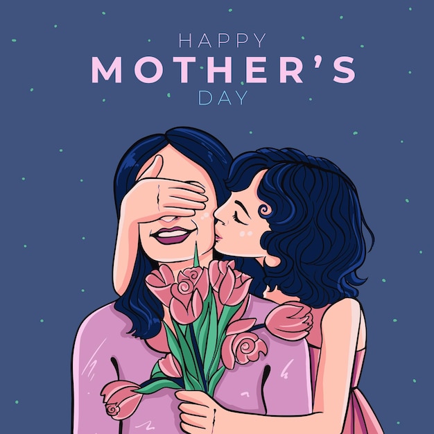 Mother's day daughter giving flowers to mother illustration