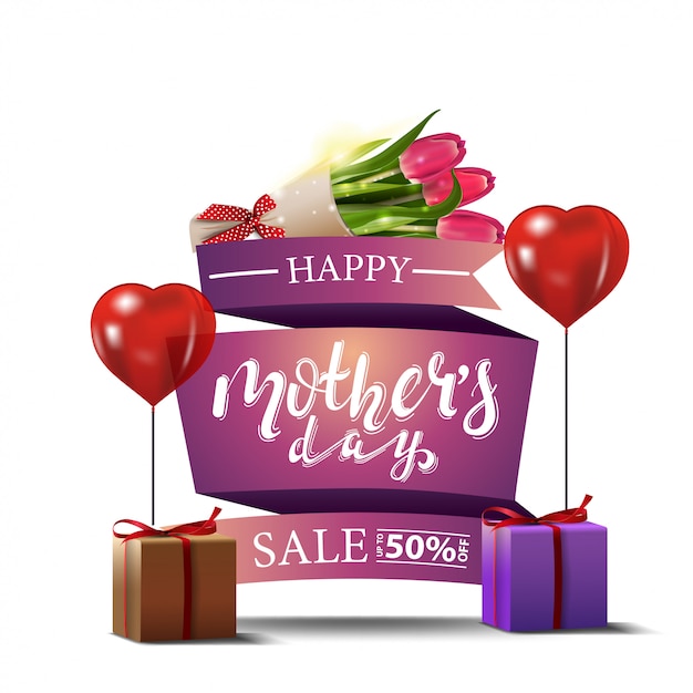 Vector mother's day discount modern banner with bouquet of tulips