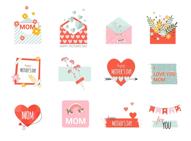 Mother's day elements with envelope with flowers, letter, card with heart and lettering in flat style