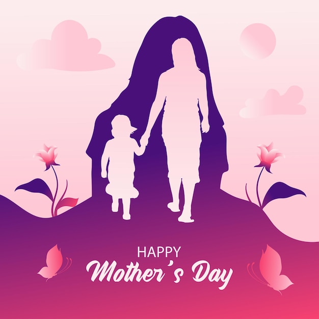 Mother's Day Flat Vector Illustration With Mom and Kid For Social Media Post Cards And Banner