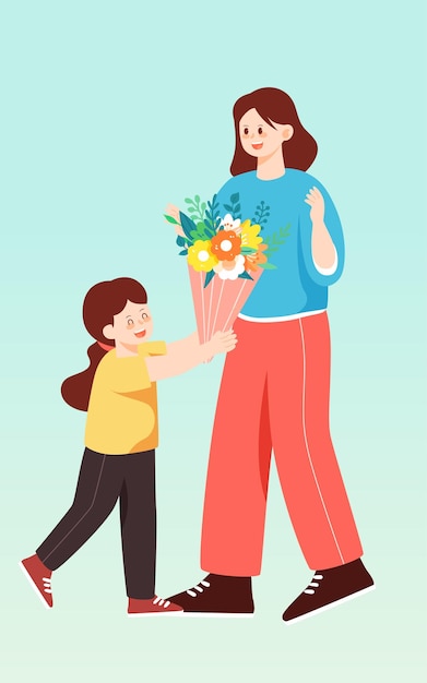 Mother's day girl gives her mother flowers with plants and trees in the background vector