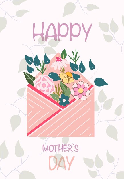 Mother's Day greeting card. Greeting card with bouquet of spring flowers inside the envelope.